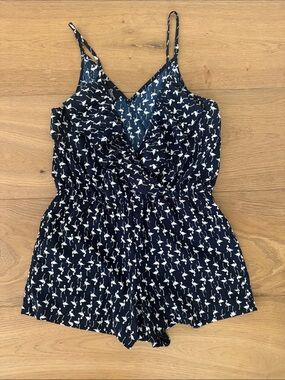 Angie Navy White Flamingo Print Romper Medium with Pockets and Adjustable Straps